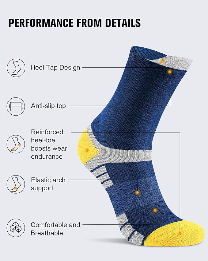 6 Pairs Men's Cotton Crew Work Boot Socks, Moisture Cushioned Athletic Sports Socks for Hiking Running Workout