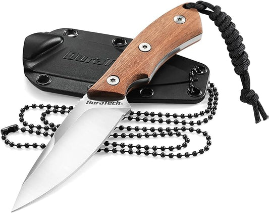 DURATECH Compact Fixed Blade Knife, 6-inch Neck Knife, 3-inch Blade, Full Tang, Wood Handle with Molded Sheath, Necklace and Paracord included, for EDC, Outdoor, Camping, Hiking