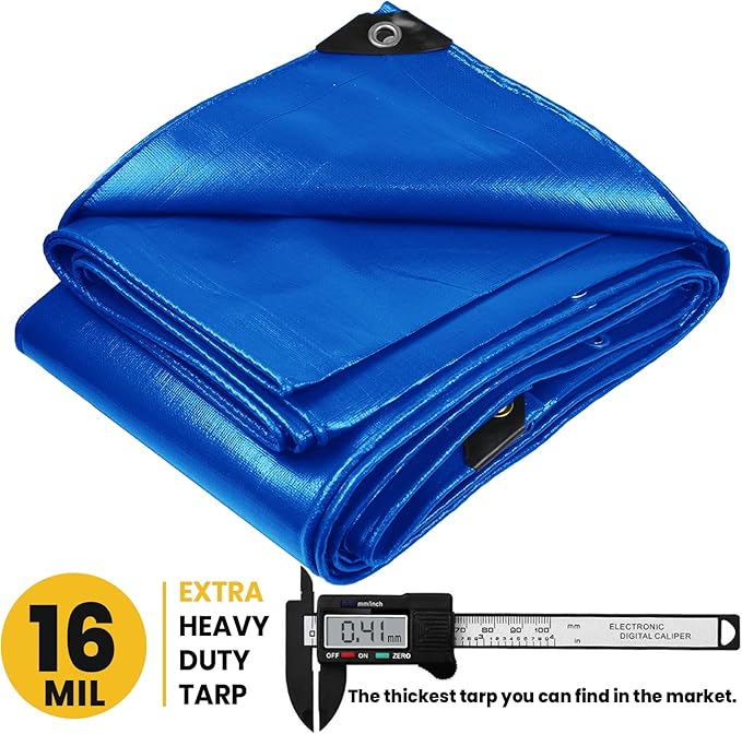 PROTARP Extra Heavy Duty 16 Mil Tarp Cover, Waterproof, UV Resistant, Rip and Tear Proof, Poly Tarpaulin with Reinforced Edges for Roof, Camping, Patio, Pool, Boat. (Blue 24′ X 50′)