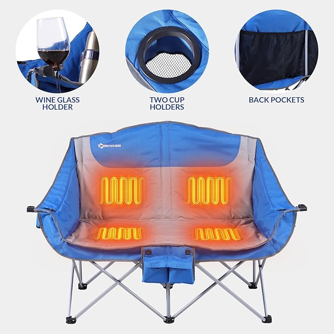 ANTARCTICA GEAR Heated Double Camping Chair, 2-Person Folding Chair with 12V 16000mAh Battery Pack, Heated Portable Loveseat Chair, for Outdoor