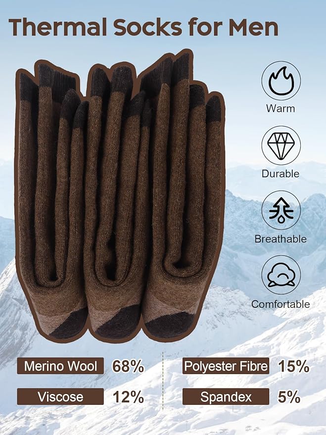 Senker Fashion Merino Wool Hiking Socks for Men, Warm Crew Socks W/Cushion Moisture Wicking for Trekking Work Outdoor