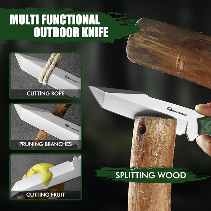 9.29" Tactical Knife B-ER-TANTO POINT, 5Cr14MoV Steel Blade Fixed Blade Tanto Knife with ABS Sheath, Gift for Men, Green, Camping Hunting and Hiking