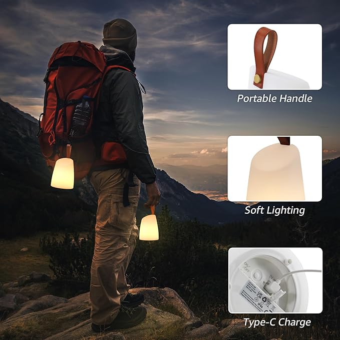 uuffoo Portable Outdoor Table Lamp with Remote - Dimmable Rechargeable LED Lantern, IP44 Water-Resistant, 7 Color RGB + Warm White, Memory Function, 7H Timer Auto-Off for Patio Garden Camping.