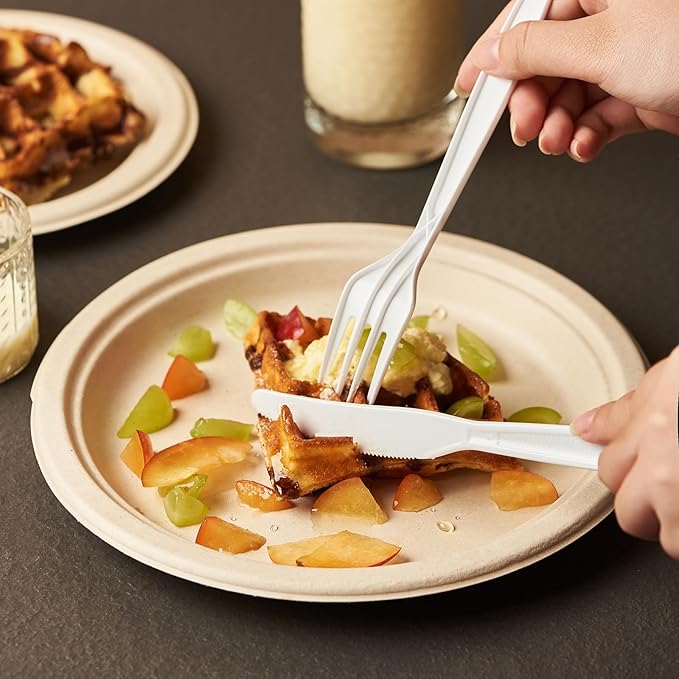 FULING White Plastic Forks Spoons Knives Heavyweight Utensils Disposable Silverware Heavy Duty Cutlery Set [300 Combo Box]