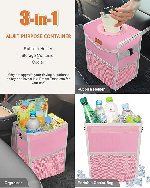 Car Trash Can with Lid, Cute Leakproof Car Trash Garbage Bag Hanging Vehicle Trash Bin Small Portable Automotive Garbage Cans Organizer for Back/Front Seat(Trapezoid,Pink