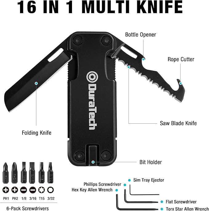 DuraTech 16-in-1 Multitool Knife, Compact EDC Pocket Tool with Locking Blade, Magnetic Bit Holder, 6 S2 Screwdriver Bits, Bottle Opener & Rope Cutter – Ideal for Camping, Hiking, Survival