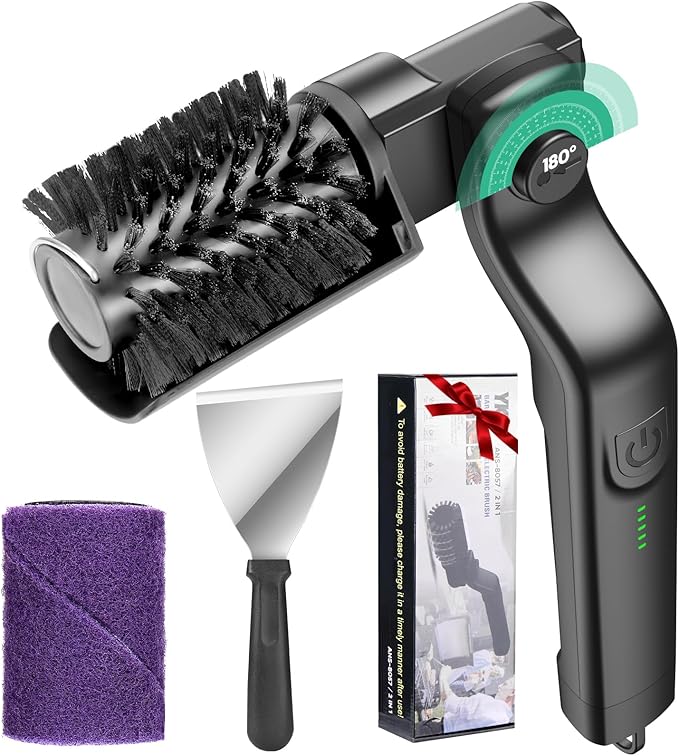 Juome Electric Grill Brush for Outdoor Grill, Cordless Rechargeable BBQ Grill Cleaner with 180°Adjustable Angle, Grill Cleaning Brush Kit with Grill Scraper, BBQ Grill Tools Accessories