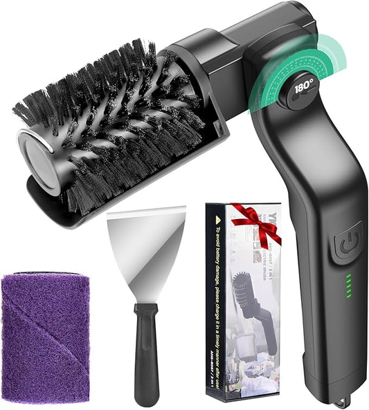Juome Electric Grill Brush for Outdoor Grill, Cordless Rechargeable BBQ Grill Cleaner with 180°Adjustable Angle, Grill Cleaning Brush Kit with Grill Scraper, BBQ Grill Tools Accessories