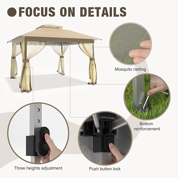 Pop Up Gazebo 11x11 - Outdoor Canopy Tent with Mosquito Netting & Wheeled Carry Bag, Double Roof Gazebos for Backyard Party Garden Wedding Camping (Beige, 11x11)