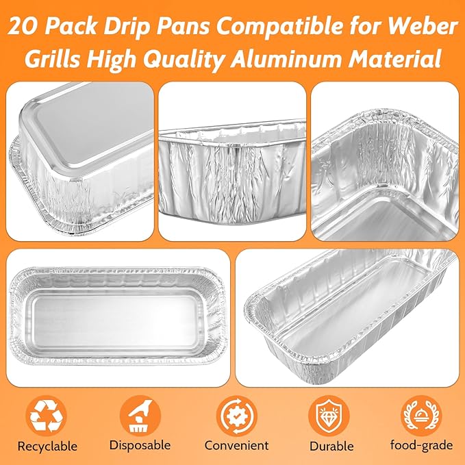 20 Pack Grill Drip Pans, Aluminum Foil Drip Pan Grease Catcher Cup Liner Compatible for Weber SmokeFire EX4/EX6/EPX6, Summit & Genesis II 400/600 Series, 11 x 5” Disposable Grill Grease Tray