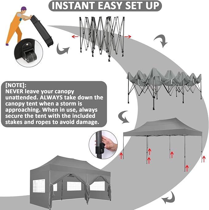 COBIZI 10x20 Pop Up Canopy with 6 Sidewall,Heavy Duty Canopy UPF 50+ All Season Wind Waterproof Commercial Outdoor Wedding Party Tents for Parties Canopy Gazebo with Roller Bag(10 x 20 ft Gray)