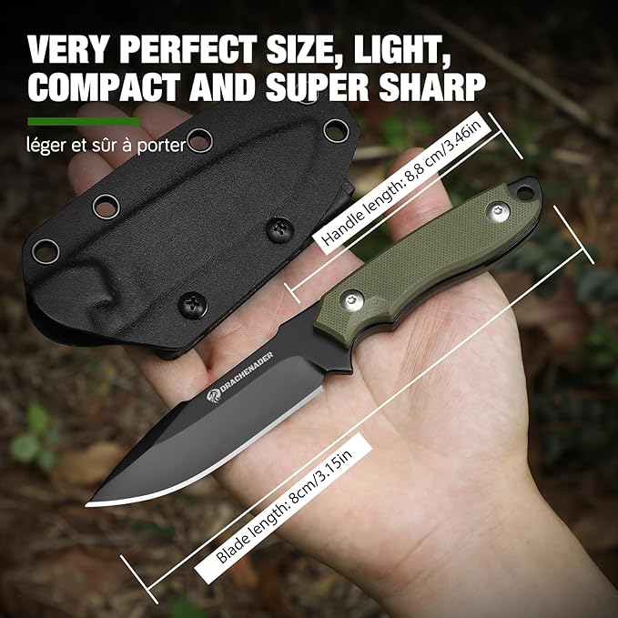7" D2 Steel EDC Fixed Blade Knife, Versatile Carry with Kydex Sheath and G10 Handle (B- Black Balde + Green Handle)