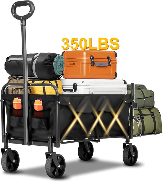 Folding Camping Wagon with Extended Tailgate, Portable Lightweight Utility Cart with Wheels, 350LBS Capacity Collapsible Beach Wagon for Outdoor, Groceries, Picnic, Travel - Compact & Easy Storage
