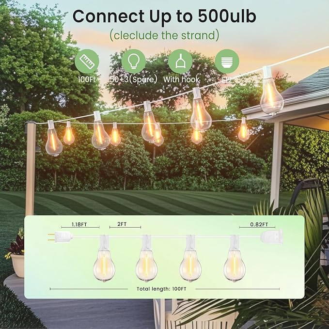 Outdoor String Lights, 100FT LED Patio String Light, String Lights for Outside with 53 LED Bulbs (3 Spare), White Outdoor Light for Yard, Gazebo, Pergola, Porch, Balcony, White Cord