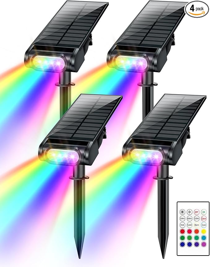 Solar Spot Lights Outdoor, 12 RGB Color Modes Landscape Light Waterproof IP67 with Remote Control, 2-in-1 Color Changing RGB/Cool/Warm White Solar Lights Outdoor for Yard Garden Pool 4 Pack