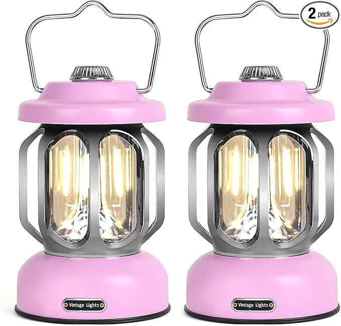 Rechargeable LED Camping Lanterns, 2000mAh Vintage Camping Lights Battery Operated Rechargeable , Hanging Retro Metal Hiking Tent Lamp for Emergency, Hurricane,Decoration,Home,Pink,2 Pack