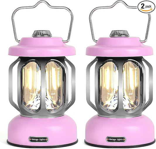 Rechargeable LED Camping Lanterns, 2000mAh Vintage Camping Lights Battery Operated Rechargeable , Hanging Retro Metal Hiking Tent Lamp for Emergency, Hurricane,Decoration,Home,Pink,2 Pack