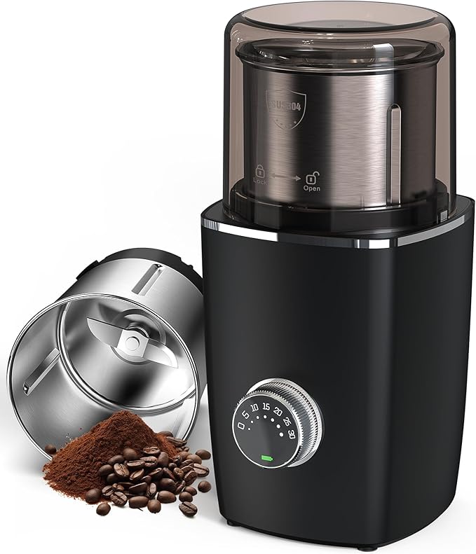 Hands-Free Blade Coffee Grinder, Cordless Coffee Mill with 5-30S Adjustable Grinding, Triple-Lock Safety & 1500mAh Rechargeable Battery with Removable Bowl, Portable for Camping, Travel, etc.