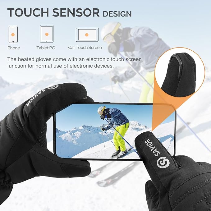 SAVIOR HEAT Heated Gloves, 3-Heating Levels Rechargeable Heated Ski Gloves for Men & Women, Touchscreen Water-Resistant 7.4V 2200mAh Electric Hand Warmers, Ideal for Skiing, Snowboarding, Working