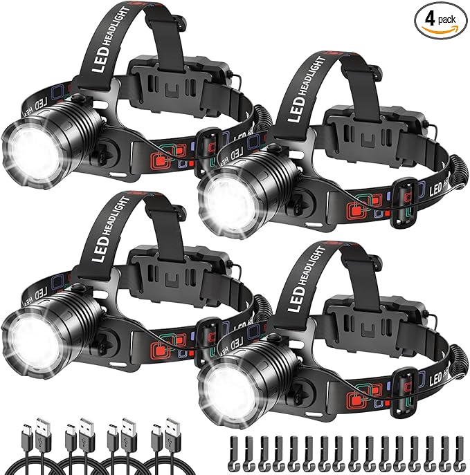 High Lumen Rechargeable Headlamp, Super Bright Head Lamp, 90°Angle Head Lights for Forehead, Adjustable Focus Headlight, 4Mode LED Headlamp Rechargeable, Headlamps for Adults Hard Hat Hiking (4Pack)