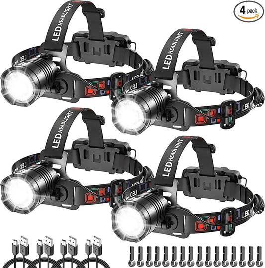 High Lumen Rechargeable Headlamp, Super Bright Head Lamp, 90°Angle Head Lights for Forehead, Adjustable Focus Headlight, 4Mode LED Headlamp Rechargeable, Headlamps for Adults Hard Hat Hiking (4Pack)