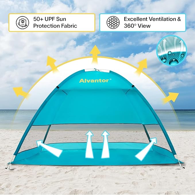 Alvantor Beach Tent Beach Umbrella Outdoor Sun Shelter Cabana Automatic Instant Pop-Up UPF 50+ Portable Beach Shade Camping Fishing Hiking Canopy Easy Set Up Light Weight Windproof for 2-3 Person