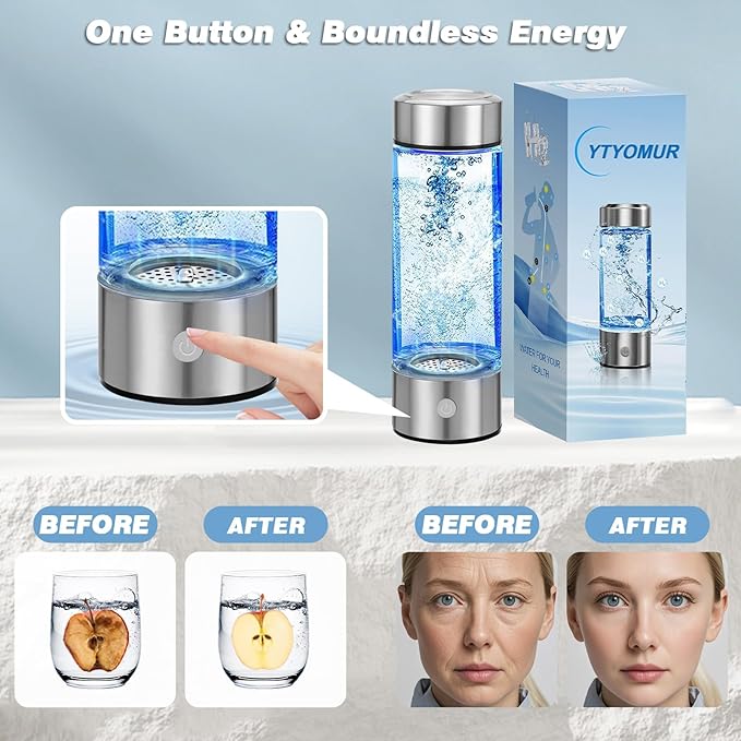 2025 New Hydrogen Water Bottle, Rechargeable Hydrogen-Rich Water Generator Machine with SPE PEM Technology,for Home Office Travel Fitness Drinking, Portable, Glass, Stainless Steel, 450ml