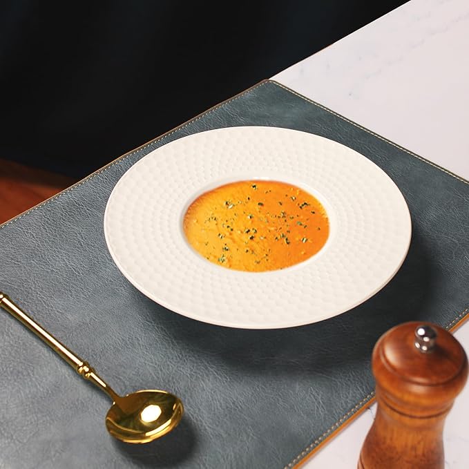 Creative home decor ceramic wide-rimmed soup bowls/plates, 5.3 oz pasta bowl set of 4, white embossed bowls and plates with rims, perfect for upscale restaurants, hotels and gourmets.