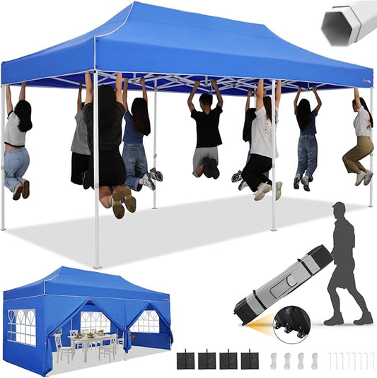 HOTEEL 10x20 Heavy Duty Pop Up Canopy Tent with Sidewalls, Commercial Outdoor Canopy Tents for Parties Event Wedding with Roller Bag, Waterproof & UV 50+, Upgraded Thickened Hexagonal Legs, Blue