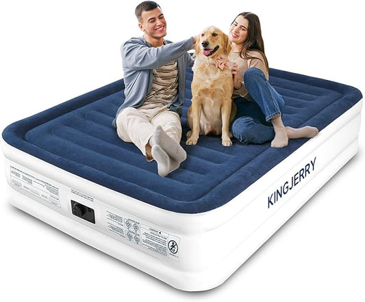 KINGJERRY Queen Air Mattress with Built in Pump, Blow up Mattress Queen 18 Raised Comfort, Upgrade Surface Inflatable Bed, Leak-Proof Air Bed for Home Guests & Camping, 800 lbs Max, 3-Min Inflation