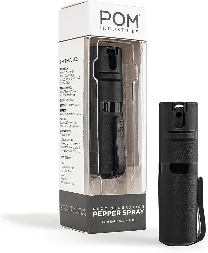 POM Pepper Spray Pocket Clip, Quick Flip Top Safety, Maximum Strength OC Formula with UV Marking Dye, Safe Compact and Tactical Design for Everyday Carry, 25 Bursts, 10 ft Range, 0.5 fl oz