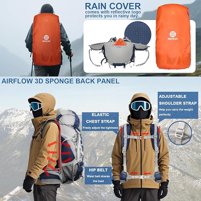 60L Hiking Backpack, Water Resistant Camping Backpack with Rain Cover, Large Lightweight Hiking Bag Outdoor Travel Daypack for Men Women, Blue