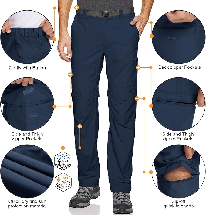 Mens Hiking Pants Convertible Lightweight Quick Dry Zip Off Fishing Safari Camping Travel boy Scout Pants