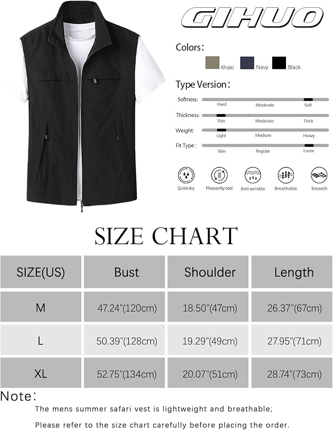 Gihuo Mens Casual Lightweight Travel Vest Summer Utility Safari Vest Sleeveless Jackets for Travel Hiking Fishing