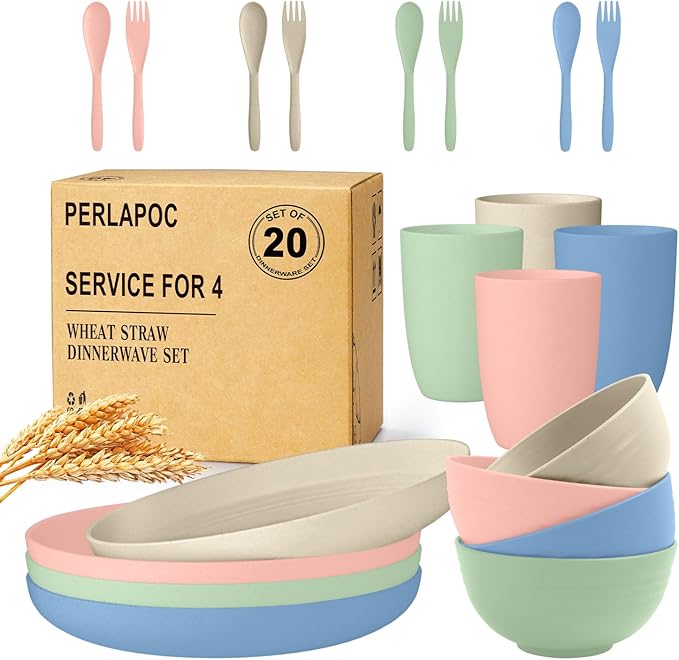 Wheat Straw Dinnerware Sets, Service for 4, Kitchen Plates and Bowls Sets with Dinner Plate/Cereal Bowl/Cup/Fork/Spoon, 20-Piece for Outdoor Camping, RV, Apartment Essentials - Colorful