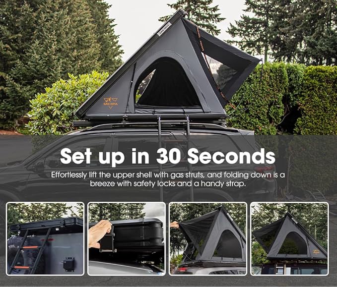 Sanhima Rooftop Tent Hard Shell - Hotham Lite Overland Aluminium Roof Top Tent 4.56" Slimline, w/Tri-Color LED Strip Light & 1.97” Thick Mattress, for Car SUV Truck Camping, 2-3 People