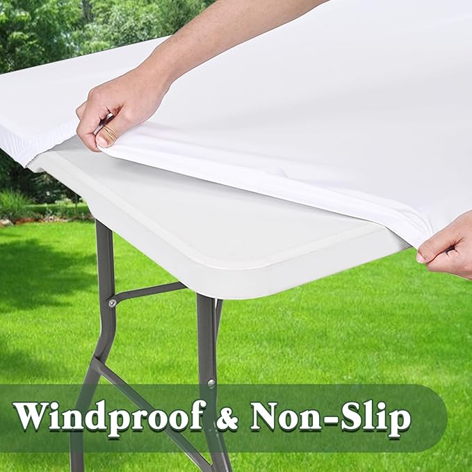 10 Pack Picnic Table Cover Fitted Tablecloths 8 Foot Rectangle Tables Elastic Waterproof Stretch Washable Patio Folding Outdoor Spandex Table Cloth for Camping Banquet and Parties (White,30" x 96")