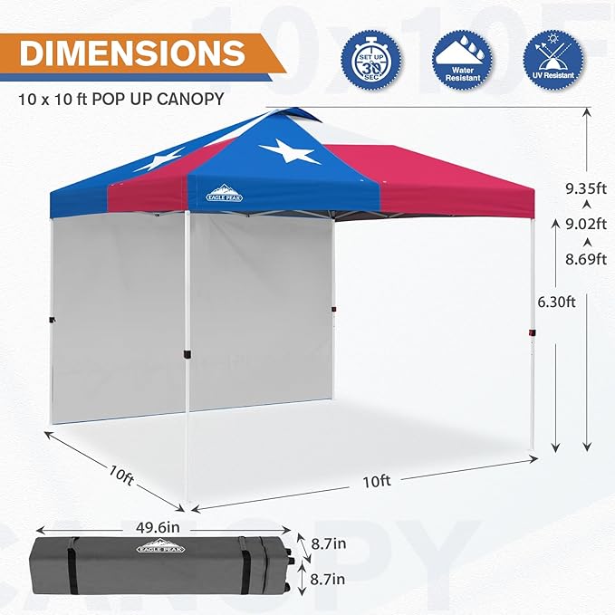 EAGLE PEAK Pop Up Canopy Tent with 1 Sidewall, Easy Setup Event Tent, Outdoor Sun Shade, Wheeled Carry Bag, Stakes and Guy Ropes, Instant Canopy 10x10, Tex Flag