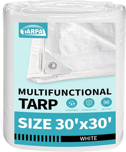 TARPAL 30x30 Feet White Tarp Waterproof Multipurpose Protective Cover All Purpose Outdoor Poly Tarps Cover for Swimming Pool, Roof Waterproofing,Boat, car, Camping, firewood,Outdoor Furniture,etc