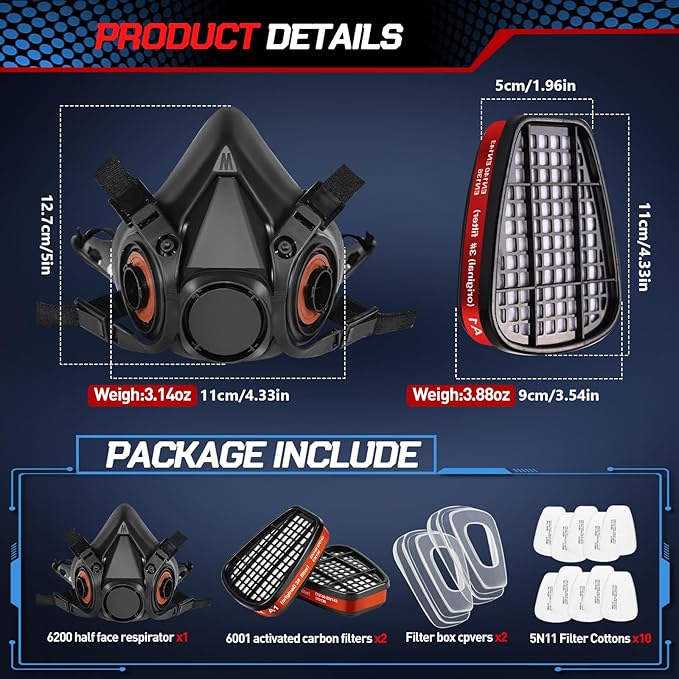 Half Facepiece Respirator Mask with Filters - Gas Mask for Chemicals, Paint, Dust, Formaldehyde, Sanding, Polishing, Woodworking, Organic Vapors, Epoxy Resin (Black)