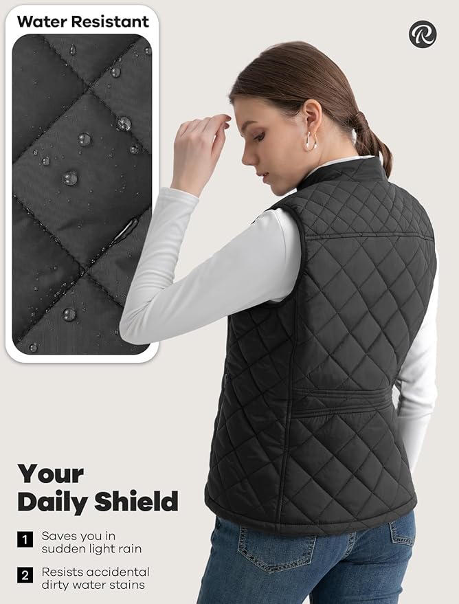 Women's Vest, Quilted Puffer Water-Resistant Zip With Pockets