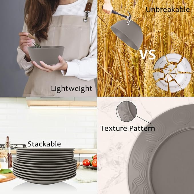 40 Pieces Plates and Bowls Sets, Wheat Straw Dinnerware Sets Service for 8, Camping Plates, Cereal Bowls and Drinking Cups, Lightweight and Reusable Plastic Dinnerware Sets (Grey)