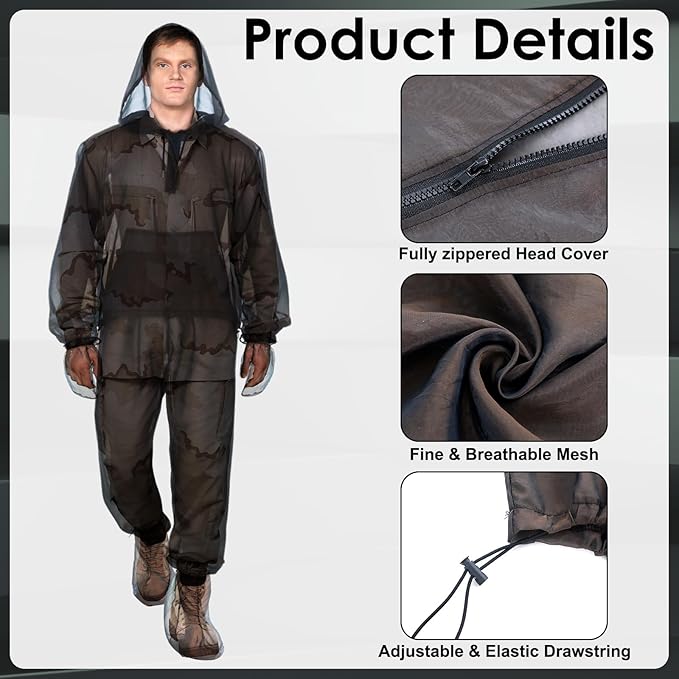 8 Pcs Large Mesh Mosquito Net Suit Bug Mesh Pants and Jackets with Hood Socks Mittens Full Body Insect Net Suit Mosquito Clothing for Adult Women Men Outdoor Gardening Fishing, L/XL