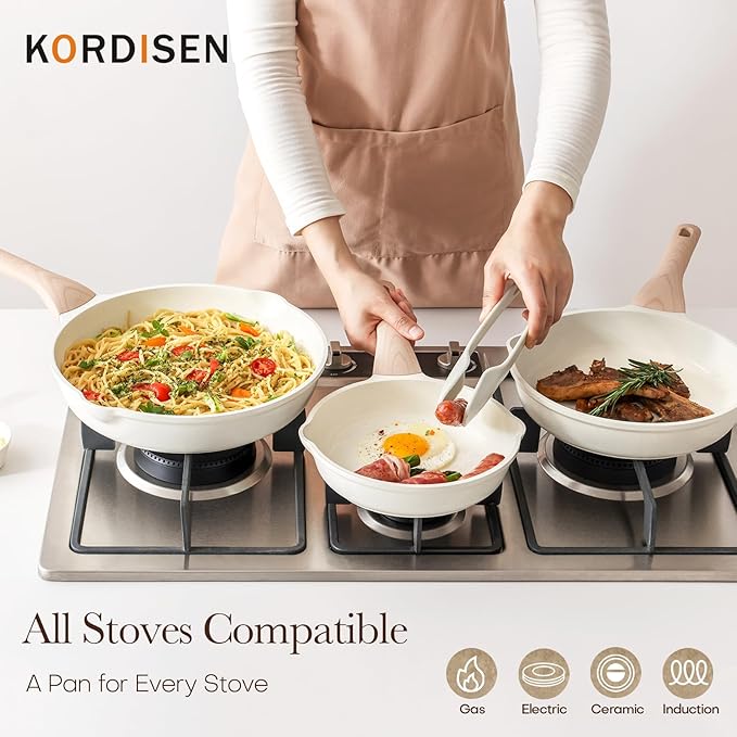 Nonstick Ceramic Frying Pan Set, 3 Piece Ceramic Skillet Set, Healthy Non Toxic Cooking Pan, Stay-Cool Handle, Induction Compatible, PFOA & PFAS Free, White(9.5, 11, 12.5 Inch)