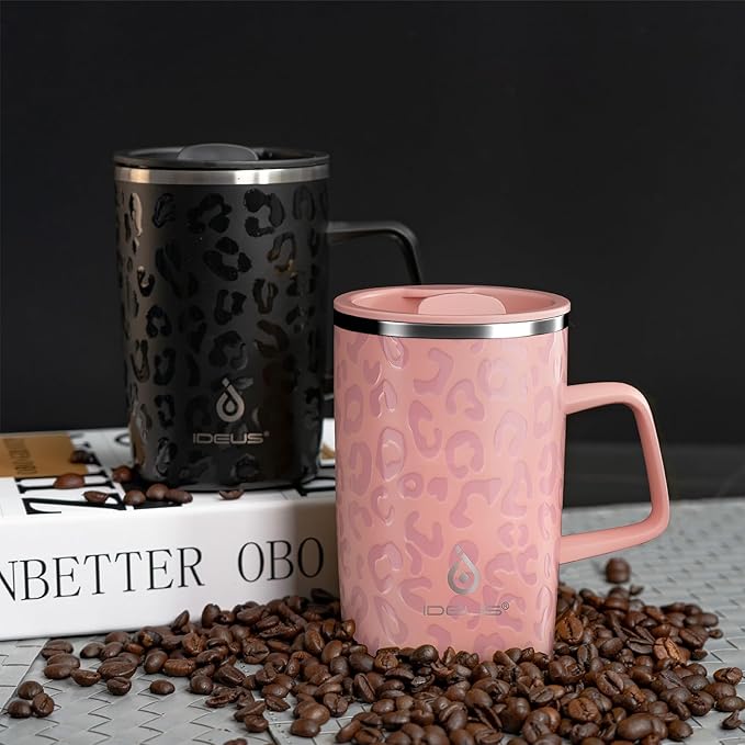 Ideus Vacuum Insulated Coffee Mug, 16oz Reusable Stainless Steel Thermal Double Walled cup with Handle and Slider Lid for Hot & Cold Beverages, BPA Free (Leapord Pink)