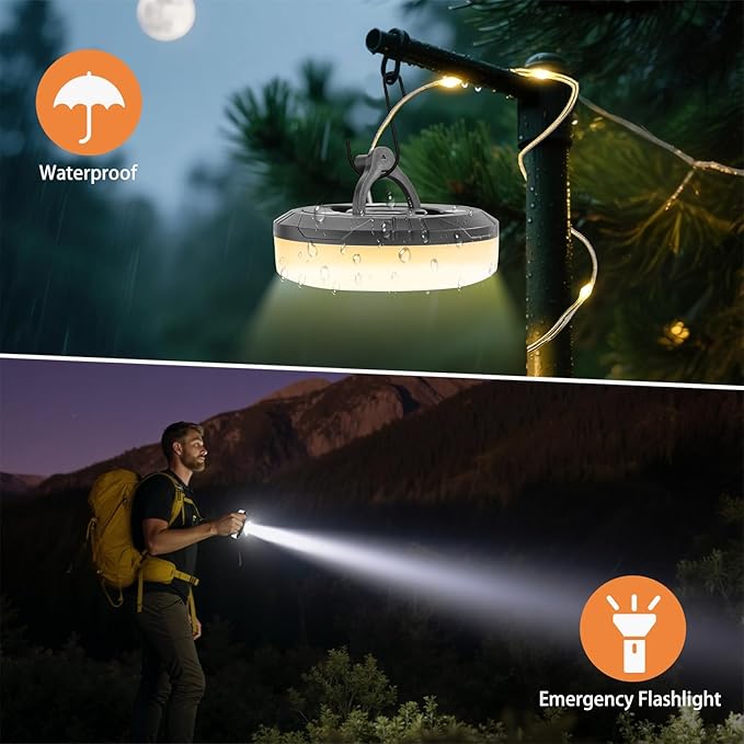 2-Pack Camping String Lights, 4 in 1 Portable Camping Light Rechargeable, 8 Lighting Modes, USB Charging, Quick Storage, 32.8FT Waterproof Tent Lights String for Camping, Hiking, Yard, Christmas,Black