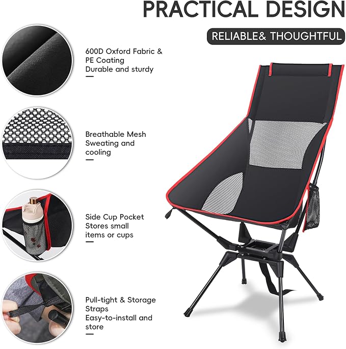 Swivel Camping Chair, High Back Folding Chair with Head Support, Side Cup Pocket, Stable Portable Outdoor Chair for Camp, Travel, Beach, Party, Fishing, Hiking, Backpacking, Black Red