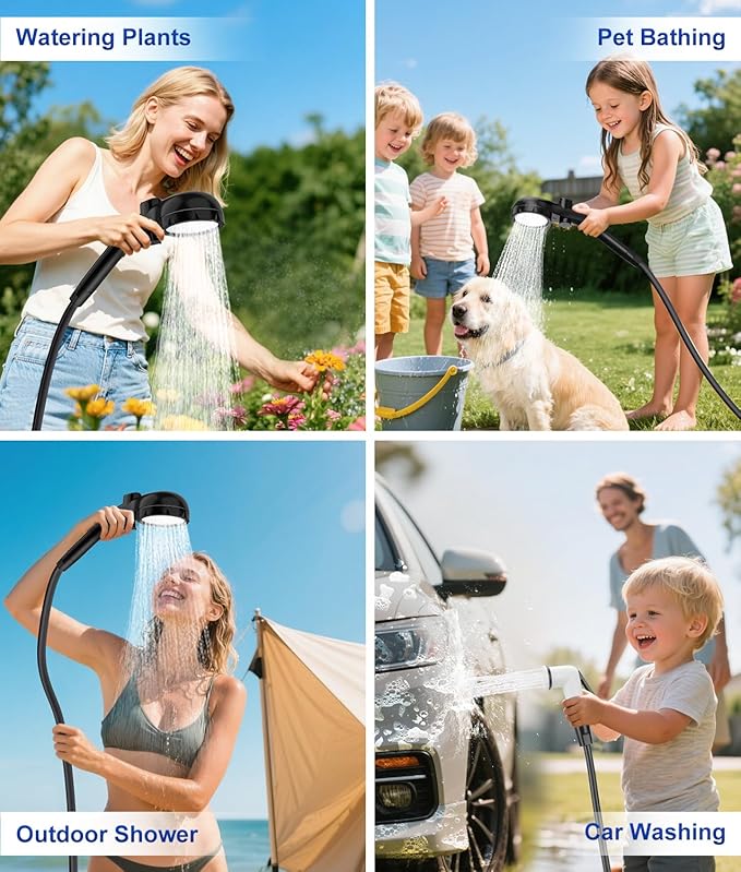 WADEO Portable Shower for Camping, 6000mAh Rechargeable Camping Shower Pump with Camping Light, 5 Pressure Levels, IPX8 Waterproof for Outdoor Camping, Travel, Car Washing, Pet Bathing