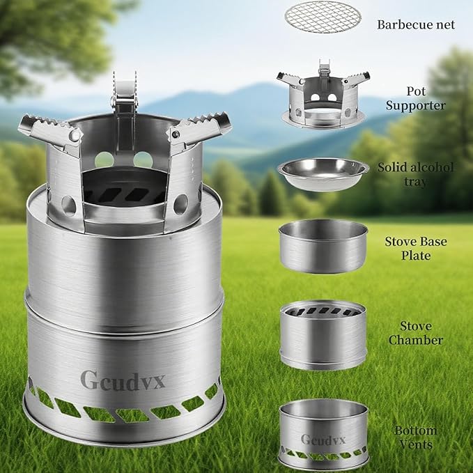 Portable Folding Stove Mini Camping Stove Stainless Steel Wood Burning Stoves Emergency Cooking Folding Camping Stove with Grill Grid Carry Bag for Backpacking Traveling Camping Hiking Stove