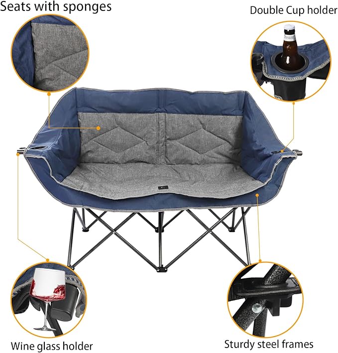 Folding Loveseat Camping Chair,Portable Double Chair w/Cup Holder,Wine Glass Holder,Carry Bag Heavy Duty Lawn Chair for 2 Adults,Perfect for Camp,Hiking,Picnics and Beach Trips,Blue